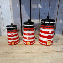 Laden Sie das Bild in den Galerie-Viewer, Keramik-Leuchtturm-Vorratsdose, Kaffeedose, Dose, „Rot/Weiß“, mittel, 69702