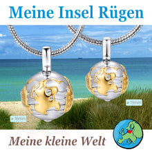 Laden Sie das Bild in den Galerie-Viewer, Inselsilber: Anhänger, kleiner Bicolor - Kugelanhänger "Meine Insel Rügen - Meine kleine Welt", 925er Silber, vergoldet, KA20WY