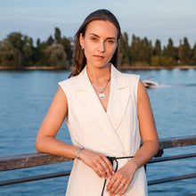 Laden Sie das Bild in den Galerie-Viewer, Frau mit Halskette, Ohrringen, Armband und Ring der Kollektion „Strandwellen“ aus Strandsand® und blauem Steinsand – aufgenommen an einem sommerlichen Steg