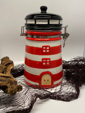 Laden Sie das Bild in den Galerie-Viewer, Keramik-Leuchtturm-Vorratsdose, Kaffeedose, Dose, „Rot/Weiß“, groß