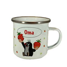 Laden Sie das Bild in den Galerie-Viewer, Namenstasse „Kleiner Maulwurf“ Emaillebecher mit verschiedenen Namen „Oma“