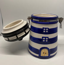 Laden Sie das Bild in den Galerie-Viewer, Keramik-Leuchtturm-Vorratsdose, Kaffeedose, Dose, „Blau/Weiß“, groß