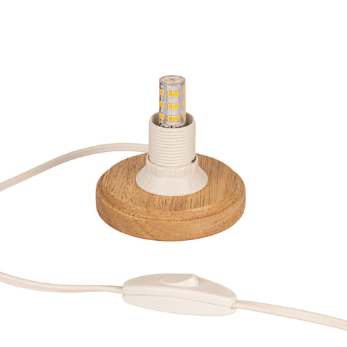 Elektrisches Beleuchtungs-Set für Mini Iglu-Windlicht mit rundem Holzsockel, E14-Fassung, LED-Leuchtmittel und Kabel mit Schalter.