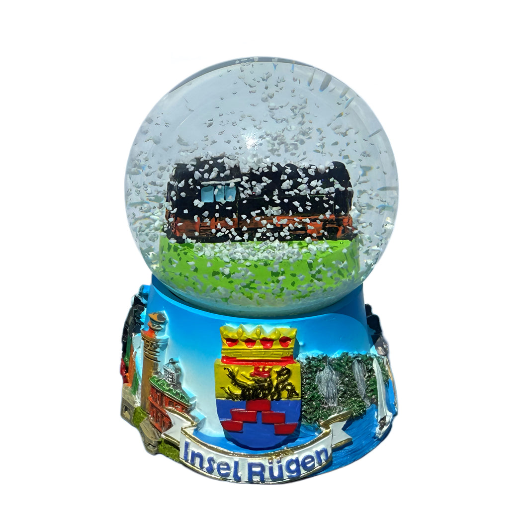 Große Schneekugel „Rasender Roland“ – Insel Rügen, Lokomotive, bunt bemalt