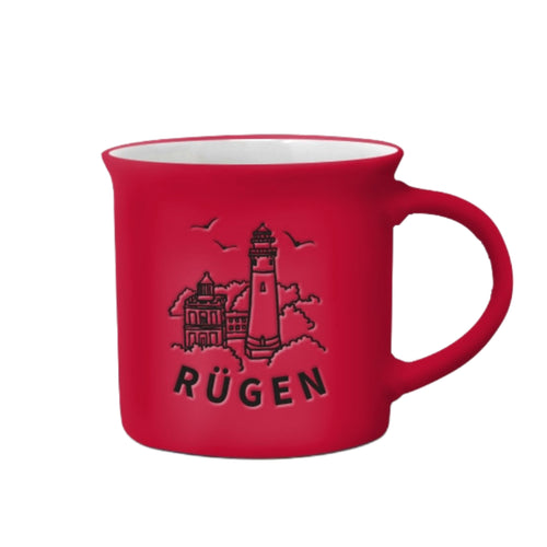Rote Tasse mit Kap Arkona Leuchttürmen, drei Möwen und Aufschrift „Rügen“, Fine Ceramic, 300 ml