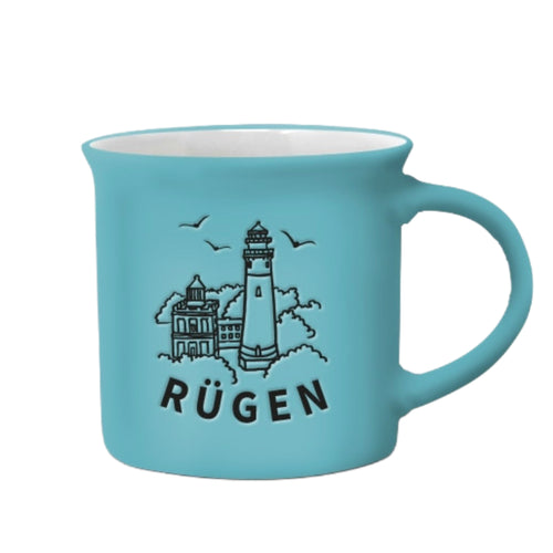 Rügen Tasse mit Kap Arkona Leuchttürmen, Möwen und Schriftzug „Rügen“. Fine Ceramic, 300 ml, spülmaschinen- & mikrowellenfest.