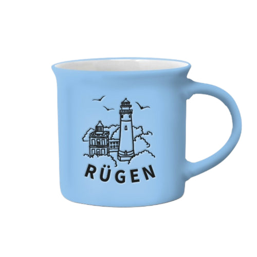 Hellblaue Tasse mit Kap Arkona Leuchttürmen, drei Möwen und Aufschrift „Rügen“, Fine Ceramic, 300 ml