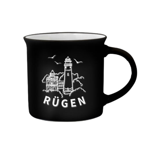 Schwarze Tasse mit Kap Arkona Leuchttürmen, drei Möwen und Aufschrift „Rügen“, Fine Ceramic, 300 ml