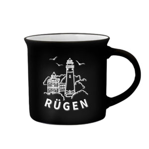 Schwarze Tasse mit Kap Arkona Leuchttürmen, drei Möwen und Aufschrift „Rügen“, Fine Ceramic, 300 ml