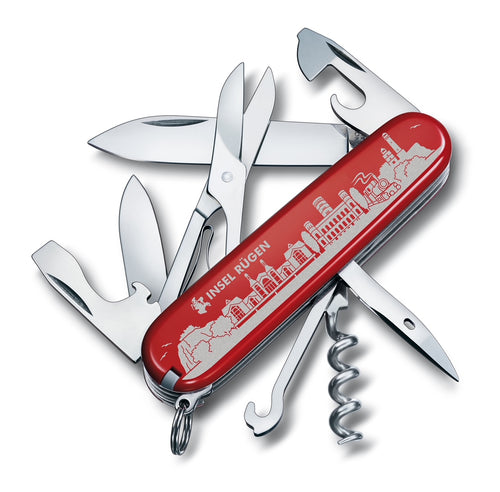 Victorinox Taschenmesser Insel Rügen – Vorderseite mit Kreidefelsen, Seebrücke Sellin, Jagdschloss Granitz, Rasendem Roland und Kap Arkona