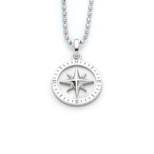 Anhänger „Kompassrose 2.0“ von DUR Schmuck, rund, 15 mm, aus rhodiniertem 925er Sterling-Silber, mit matter Innenfläche und poliertem Rand