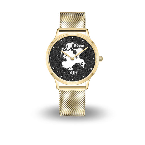 Goldene DUR Uhr „Rügen“ mit schwarzem Lavasand-Ziffernblatt, Insel-Silhouette und Schriftzug, PVD-beschichtetes Edelstahlgehäuse, Meshband, 36 mm