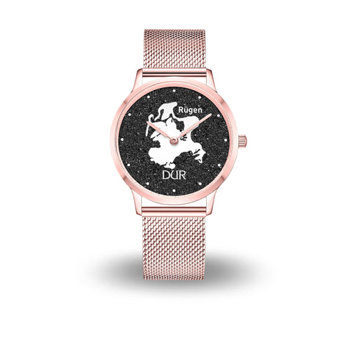 Roségoldene DUR Uhr „Rügen“ mit schwarzem Lavasand-Ziffernblatt, Insel-Silhouette und Schriftzug, Saphirglas, Edelstahlgehäuse mit Meshband, 36 mm
