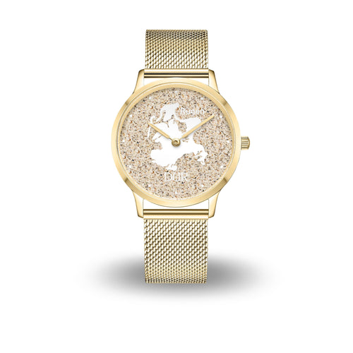 DUR Uhr „Rügen“ mit echtem Strandsand im Ziffernblatt, Insel-Silhouette und Schriftzug, Saphirglas, goldfarbenes Edelstahlgehäuse mit Meshband, 40 mm
