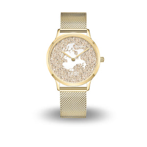 DUR Uhr „Rügen“ mit echtem Strandsand im Ziffernblatt, Insel-Silhouette und Schriftzug, Saphirglas, goldfarbenes Edelstahlgehäuse mit Meshband, 40 mm
