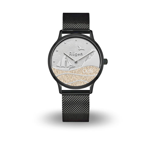 DUR Uhr „Strandwellen Rügen“ mit echtem Strandsand-Ziffernblatt, Motiv mit Wellen, Kreidefelsen, Schiff, Möwe und Schriftzug „Rügen“, schwarzes Edelstahlgehäuse, 36 mm