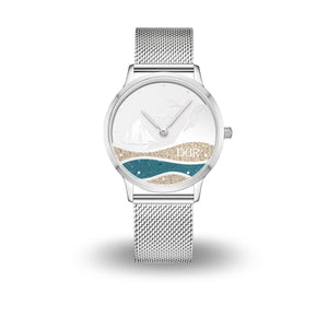 DUR Schmuck: Uhr 36er "Strandwellen Rügen" mit Strandsand und blauem Steinsand, Mesh Band Edelstahl, DWE015