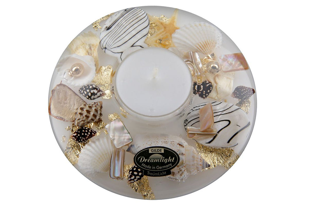 Dreamlight: Teelichthalter aus Glas, Ufo Mini, „Goldene Muscheln“, weiß