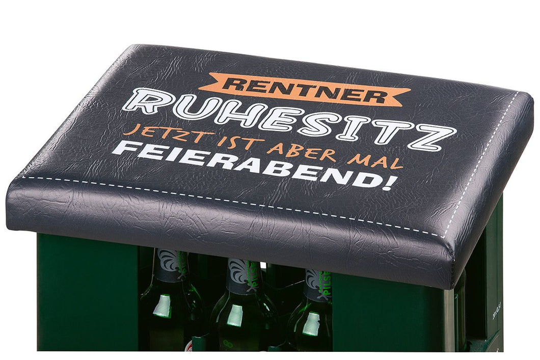 Bierkasten Sitzpolster, Sitzkissen, Abdeckung für Bierkiste, Auflage „Rentner Ruhesitz - Jetzt ist aber mal FEIERABEND“