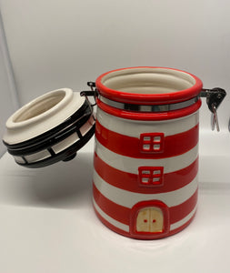 Keramik-Leuchtturm-Vorratsdose „Rot/Weiß“