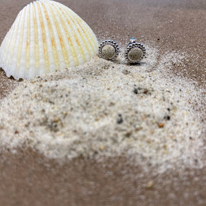 Ohrstecker "Strandzauber" von DUR Schmuck, Strandsand Ohrstecker, hier mit Strandsand vor einer weißen Muschel auf braunem Grund dekoriert